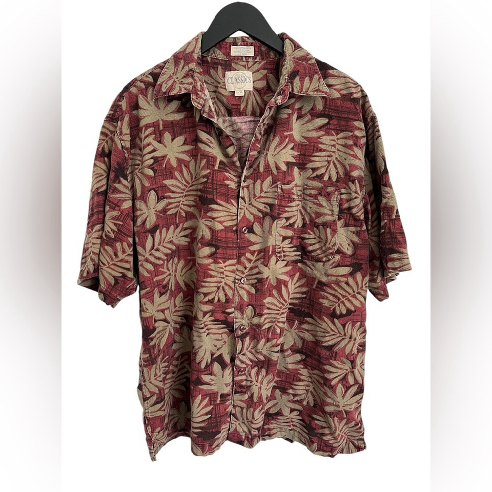 Vintage Hawaiian Shirt Men's L Red Beige Tropical Floral Button-Down Classics